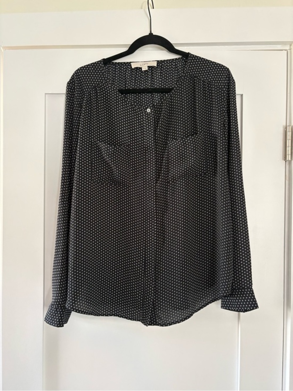 LOFT Black & White Tiny Square Dot Button Blouse Pockets 392468